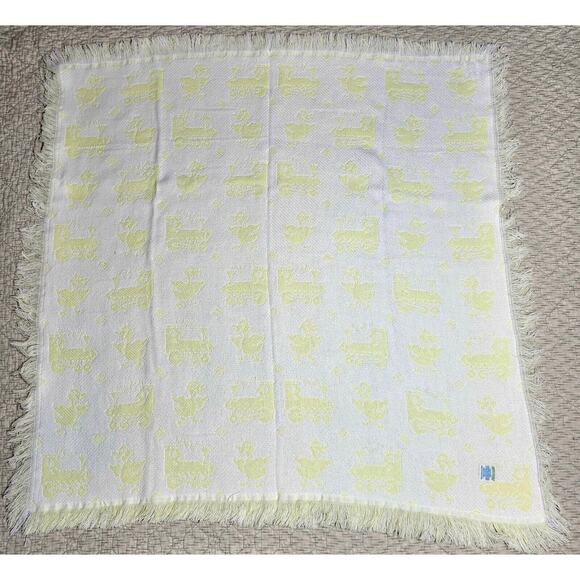 Vtg Baby Blanket Yellow White Ducks Train Waffle Fringe Japan 43"x43" FRIEMANIT - Picture 8 of 12